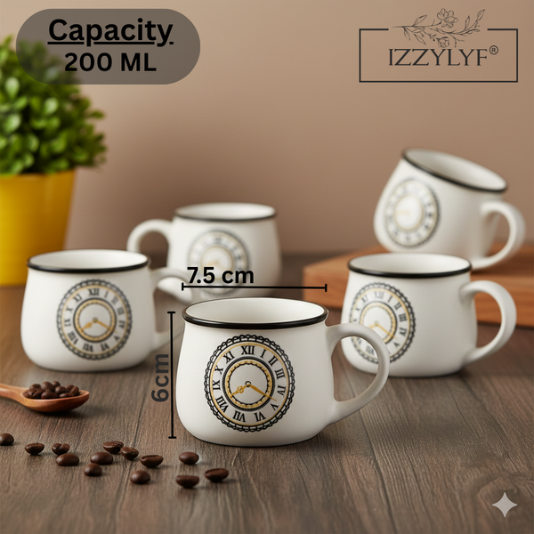 Clock Printed White  Tea Cup Set of 6 (200ml Each)