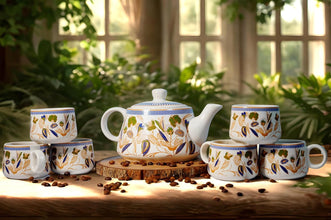 Printed Mat Finish Golden Flora Tea & Kettle Set
