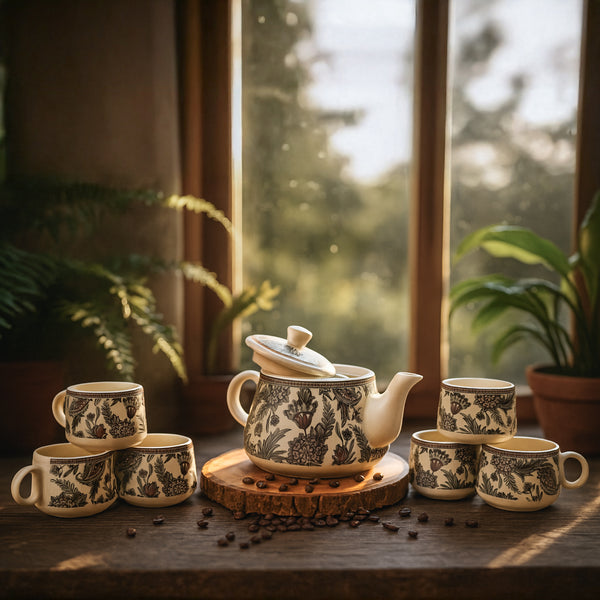 Printed Mat Finish Garden Bliss Tea & Kettle Set - 6 Tea Cups, 1 Kettle