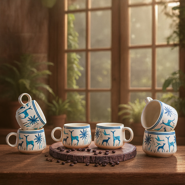 Blue Printed Deer Ceramic Tea Cups Set of 6 (150ml Each)
