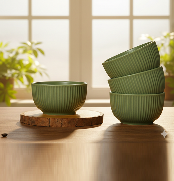Olive Green Matte Finish Ribbed Ceramic Bowl (550ml Each)