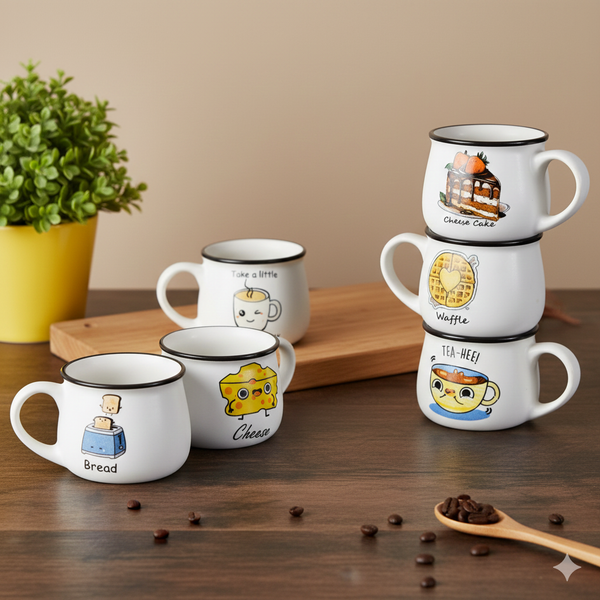 Elegant Emogy Printed White  Tea Cup Set of 6 (200ml Each)