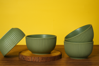 Olive Green Matte Finish Ribbed Ceramic Bowl (550ml Each)