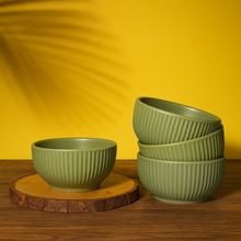 Olive Green Matte Finish Ribbed Ceramic Bowl (550ml Each)