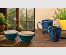 Handcrafted Dual Tone Bowls (450ml) & Glam Blue Mug Set (300ml Each)