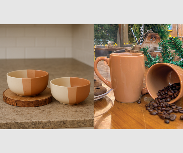 Tritone Brown Ceramic Bowl set of 2 (500ml Each) & Brown Coffee Mug Set of 2 Combo