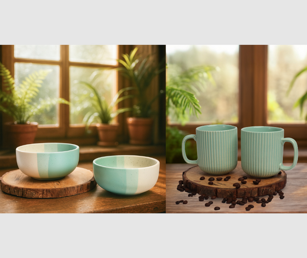 Tritone Green Ceramic Bowl set of 2 (500ml Each) & Peripheral Green Coffee Mug Set of 2 Combo
