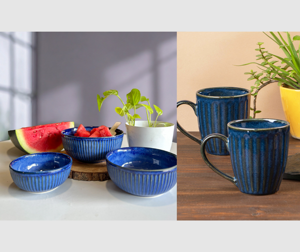 Glam Blue Mug Set of 2 & Ocean Sapphire Glow Ceramic Bowl Set of 3