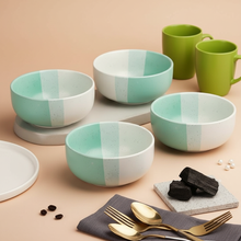 Tritone Green Ceramic Bowl set of 2 (500ml Each) & Peripheral Green Coffee Mug Set of 2 Combo