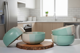 Tritone Green Ceramic Bowl set of 2 (500ml Each) & Peripheral Green Coffee Mug Set of 2 Combo