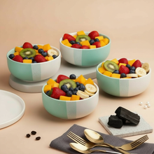 Tritone Green Ceramic Bowl set of 2 (500ml Each) & Peripheral Green Coffee Mug Set of 2 Combo