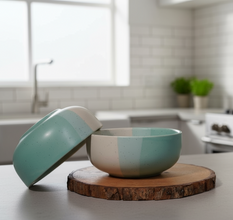 Tritone Green Ceramic Bowl set of 2 (500ml Each) & Peripheral Green Coffee Mug Set of 2 Combo