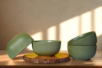 Olive Green Matte Finish Ribbed Ceramic Bowl (550ml Each)