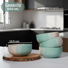 Tritone Green Ceramic Bowl set of 2 (500ml Each) & Peripheral Green Coffee Mug Set of 2 Combo